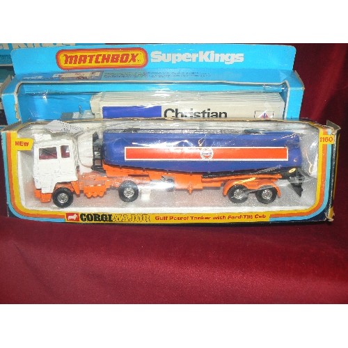 206 - 2 MATCHBOX & A CORGI. CORGI MAJOR 1160 GULF PETROL TANKER, MATCHBOX SUPERKINGS K-17 PENGUIN BAR TRUC... 