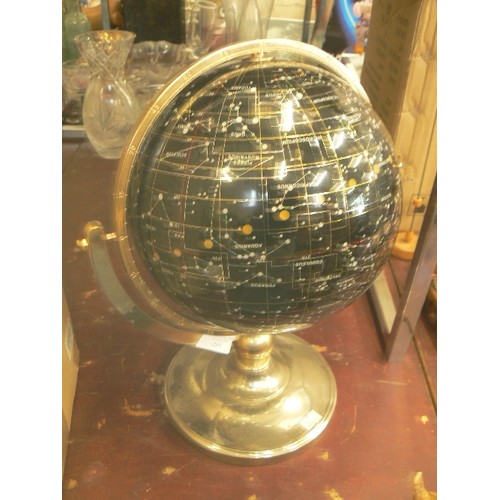 210 - BLACK GLOBE SHOWING THE SOLAR SYSTEM, PLANETS ETC, ON BRASS STAND.