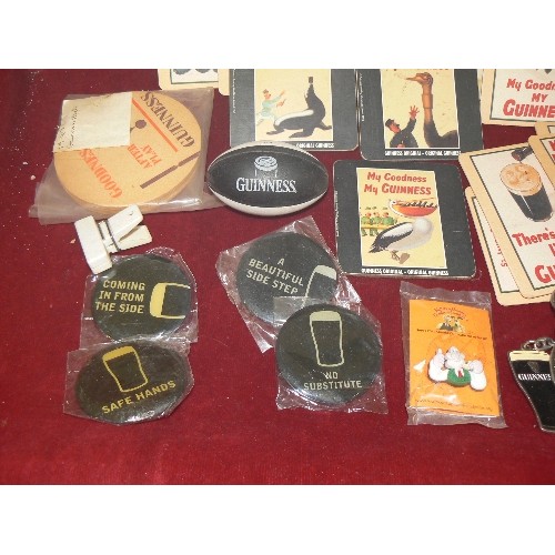 236 - 1930'S GUINNESS BEER MATS, ALSO LATER GUINNESS BARMATS, GUINNESS BADGES, HOMEPRIDE FRED PURSE, COINS... 