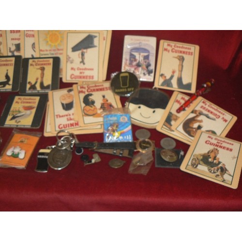 236 - 1930'S GUINNESS BEER MATS, ALSO LATER GUINNESS BARMATS, GUINNESS BADGES, HOMEPRIDE FRED PURSE, COINS... 