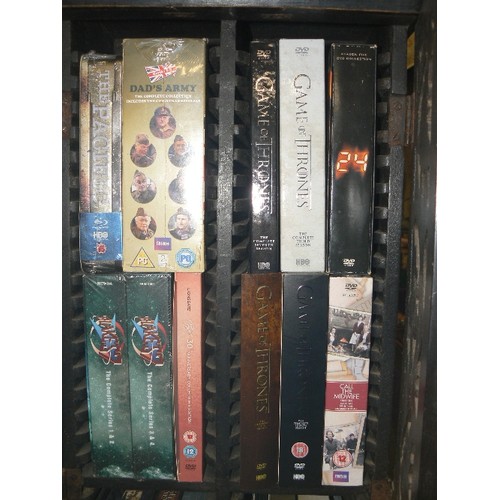 239 - CARVED WOODEN CABINET, FULL OF FILM BOX SETS-DVD'S. INC DAD'S ARMY, GAME OF THRONES, LONDON 2012 OLY... 