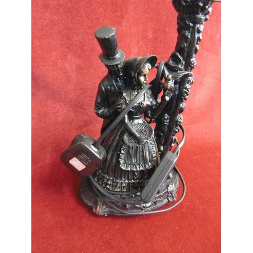 193 - UNUSUAL LAMPBASE WITH VICTORIAN LADY FEEDING THE BIRDS UNDER A GAS LIGHT, WITH GENT IN TOP HAT.