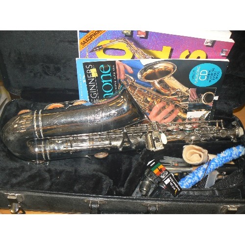 254 - SAXOPHONE. 'EMPEROR-SUPER' WITH CASE, TUTORIAL BOOKS, REEDS AND PIPE CLEANERS ETC.