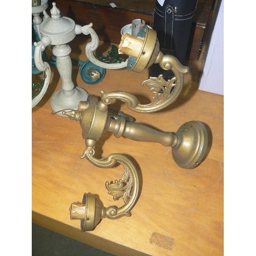 256 - 4 X 3-ARMED LIGHT FITTINGS. 2 IN TEAL, A CREAM & A GOLD.