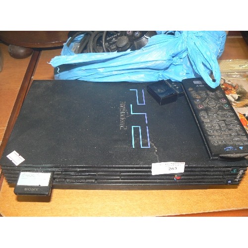 265 - SONY PLAYSTATION 2, WITH CONTROLLERS, ADAPTORS & CABLES.