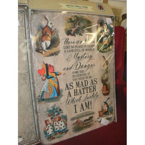 267 - ALICE IN WONDERLAND METAL WALL SIGNS. 2 X NEW/PACKAGED. UK DESIGNED & MADE.