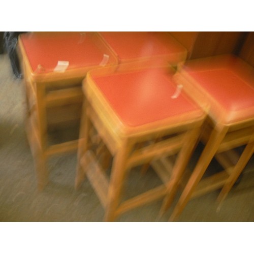 282 - SET OF 4 X WOODEN KITCHEN STOOLS WITH BURNT ORANGE FAUX LEATHER PADDED SEATS.