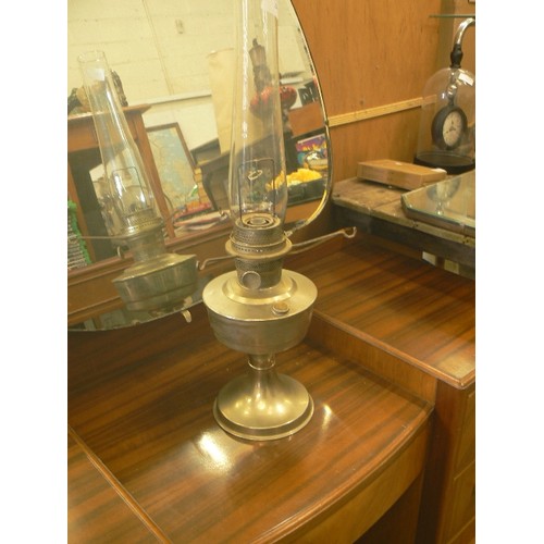 284 - LARGE ALUMINIUM OIL LAMP, COMPLETE WITH GLASS CHIMNEY.