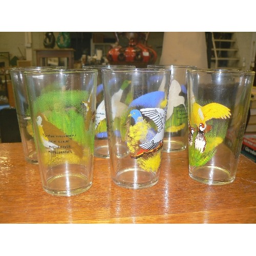 289 - SET OF 6 FRENCH RETRO-VINTAGE GLASS DRINKING BEAKERS. FEATURING BIRDS & DESCRIPTION, INC THE PHEASAN... 