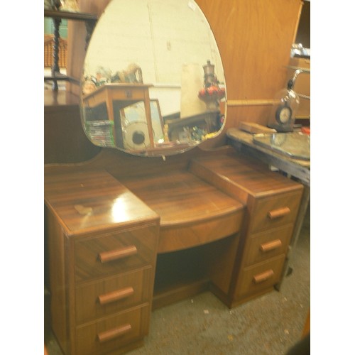 290 - MID-CENTURY DRESSING TABLE WITH UNUSUAL SHAPED FRAMELESS BEVELLED MIRROR.