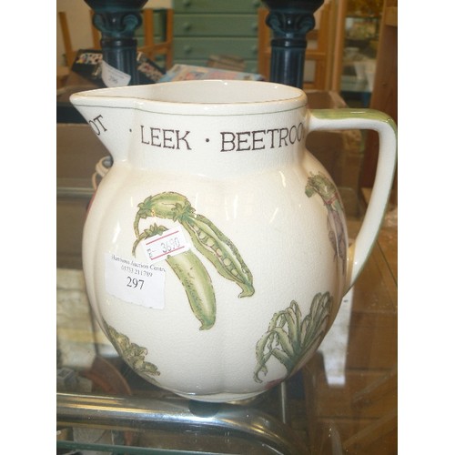 297 - HAND-PAINTED LAURA ASHLEY JUG, DECORATED WITH LEEKS, BEETROOT, CARROTS ETC ETC.