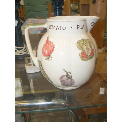 297 - HAND-PAINTED LAURA ASHLEY JUG, DECORATED WITH LEEKS, BEETROOT, CARROTS ETC ETC.