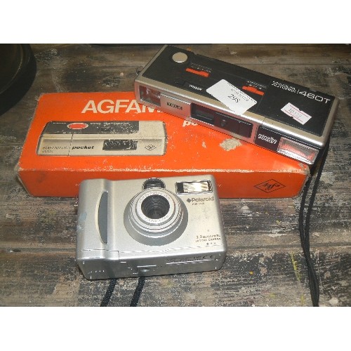 298 - VINTAGE CAMERAS. AGFAMATIC 3000 IN ORIGINAL BOX, MINOLTA 460T AUTOPAK, POLAROID PDC 3035.