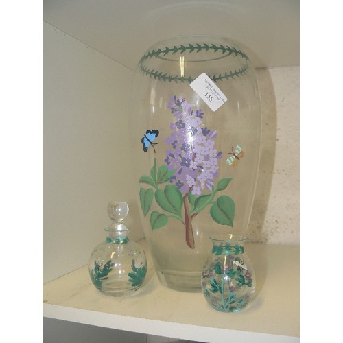 158 - HAND-PAINTED GLASS VASE, WITH A PERFUME BOTTLE & SMALLER VASE.