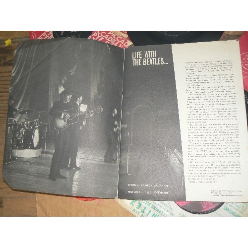 159 - A VINTAGE 'LIFE WITH THE BEATLES' BOOK, TOGETHER WITH 45'S HIPPY HIPPY SHAKE BY THE SWINGING BLUE JE... 