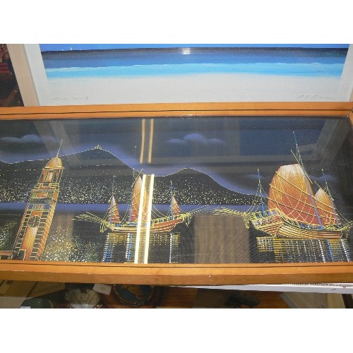 321 - SIGNED PRINT 'MOODY BLUES' BY PJ BARON? ALSO 2 X UNUSUAL PICTURES OF TRADITIONAL CHINESE BOATS IN HO... 