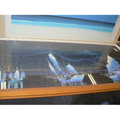 321 - SIGNED PRINT 'MOODY BLUES' BY PJ BARON? ALSO 2 X UNUSUAL PICTURES OF TRADITIONAL CHINESE BOATS IN HO... 