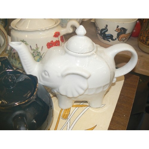 342 - COLLECTION OF TEAPOTS, INC A STUDIO POTTERY ELEPHANT, A CAKE STAND, A VINTAGE VALET AUTOSTROP RAZOR.