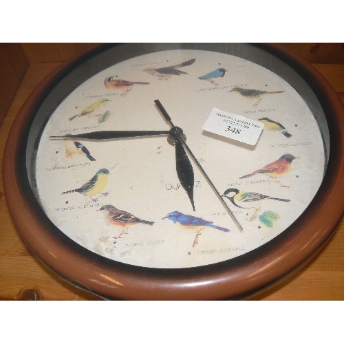 348 - A WALL CLOCK FEATURING GARDEN BIRDS, ALSO A BAROMETER.