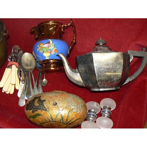 76 - SMALL VINTAGE PRESERVING PAN, TEAPOT, LUSTRE JUG, CUTLERY ETC ETC.