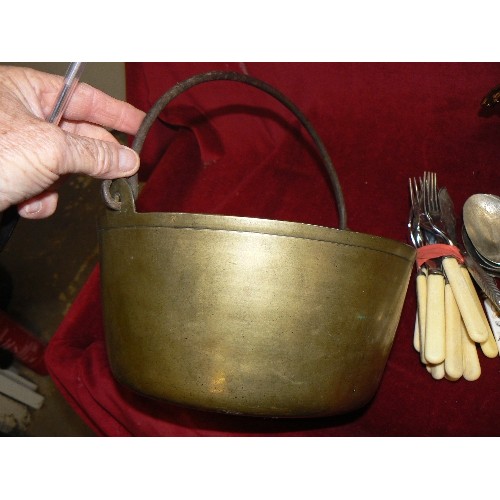 76 - SMALL VINTAGE PRESERVING PAN, TEAPOT, LUSTRE JUG, CUTLERY ETC ETC.