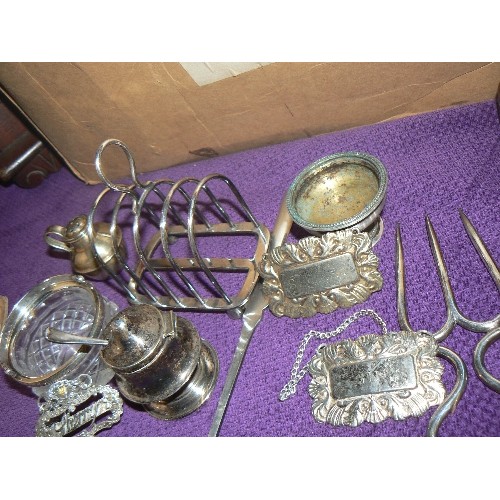 132 - COLLECTION OF VINTAGE SILVER-PLATED ITEMS, INC DECANTER TAGS, MUSTARD POT, CRUET, NAPKIN RING, TOAST... 