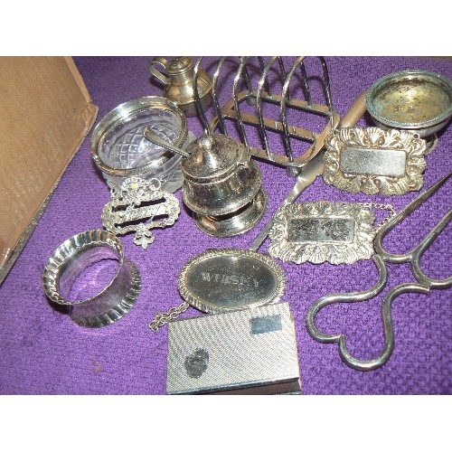 132 - COLLECTION OF VINTAGE SILVER-PLATED ITEMS, INC DECANTER TAGS, MUSTARD POT, CRUET, NAPKIN RING, TOAST... 