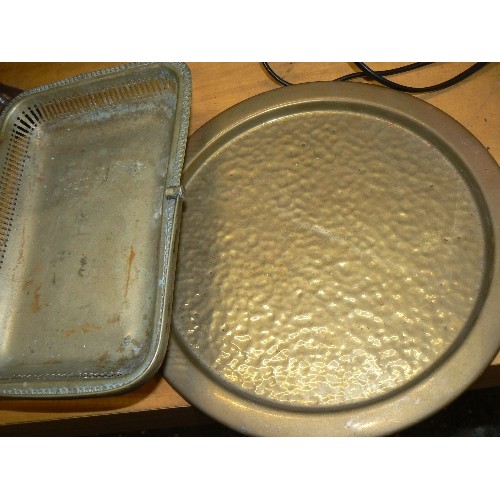 249 - STAINLESS STEEL SERVING DISHES, SUNDAE DISHES, CHEESE SET, ALSO A SMALL HAMMERED BRASS TRAY.