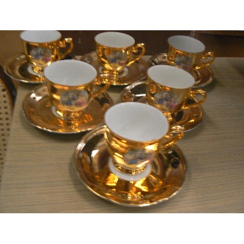 372 - 6 X CHINA CUP AND SAUCERS IN GOLD WITH REGENCY STYLE PORTRAITS