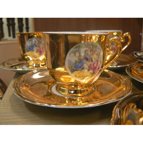 372 - 6 X CHINA CUP AND SAUCERS IN GOLD WITH REGENCY STYLE PORTRAITS