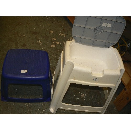 387 - WHITE PLASTC STOOL WITH STORAGE LID AND BLUE PLASTIC STEP