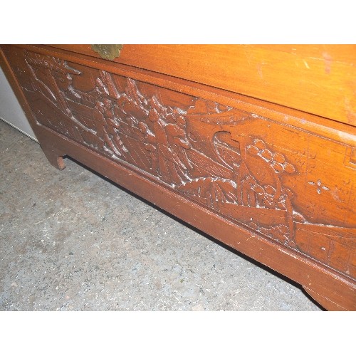 388 - 1940'S CAMPHOR WOOD CHINESE CHEST WITH  INTERNAL DRAWER, VERY HIGHLY HAND CARVED, GLASS TOP AND DECO... 