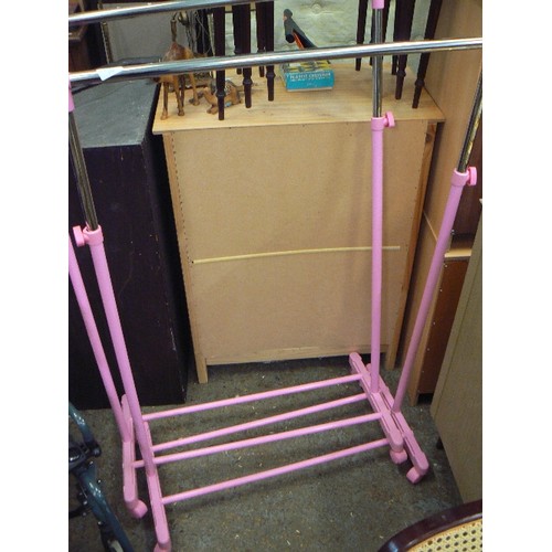 370 - 2 X PINK EXTENDABLE CLOTHES RAILS WITH SHOE SHELF ON CASTERS