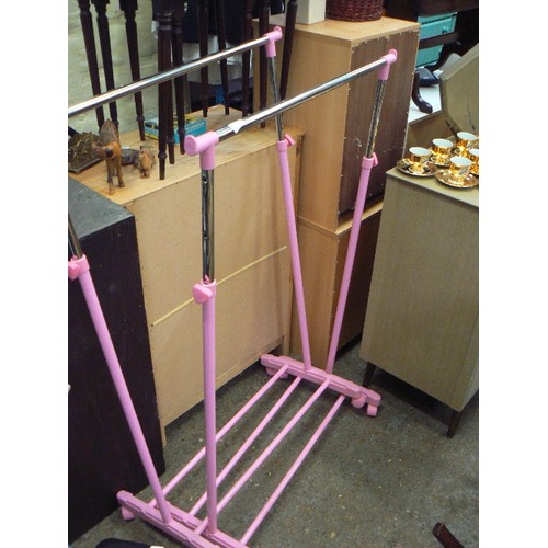 370 - 2 X PINK EXTENDABLE CLOTHES RAILS WITH SHOE SHELF ON CASTERS