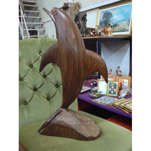 91 - LARGE HAND CARVED WOODEN DOLPHIN FIGURE.