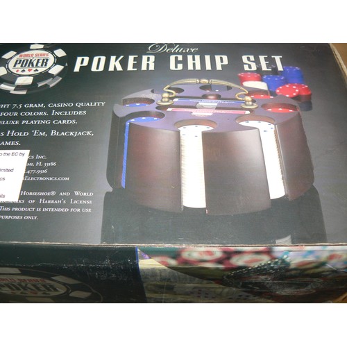 394 - POKER CHIP SET. INCLUDES CARRY CADDY, FULL SET OF CARDS ETC. WITH BOX.