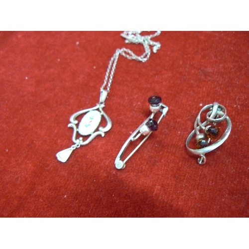 25 - 3 CHARLES HORNER SILVER HALLMARKED ITEMS - 2 BROOCHES AND PENDANT ON CHAIN WITH ENAMEL DECORATION