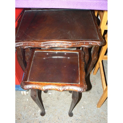 128B - NEST OF 3 MAHOGANY TABLES WITH GLASS TOPS