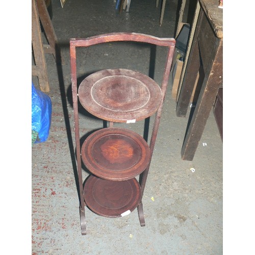 98 - VINTAGE 3-TIER FOLDING WOODEN CAKE STAND.