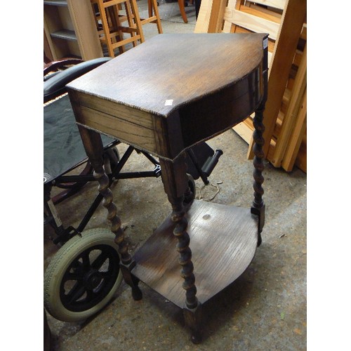 114 - BEAUTIFUL CUTLERY-CANTEEN BOW-FRONTED SIDE TABLE ON TALL BARLEYTWIST LEGS. WITH LOWER SHELF. HINGED ... 