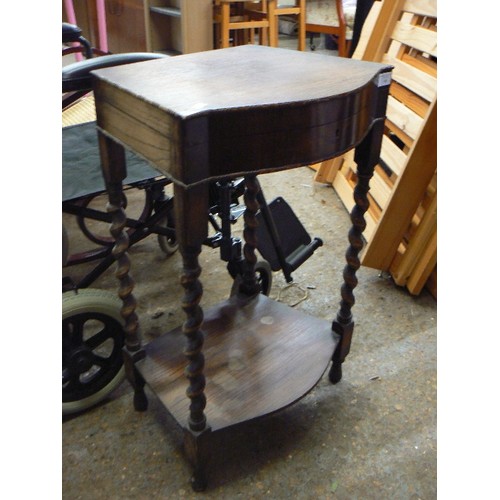 114 - BEAUTIFUL CUTLERY-CANTEEN BOW-FRONTED SIDE TABLE ON TALL BARLEYTWIST LEGS. WITH LOWER SHELF. HINGED ... 