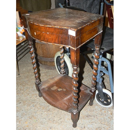 114 - BEAUTIFUL CUTLERY-CANTEEN BOW-FRONTED SIDE TABLE ON TALL BARLEYTWIST LEGS. WITH LOWER SHELF. HINGED ... 