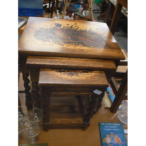 142 - GEORGE CUNDILL ORIGINAL & SIGNED, HAND-DECORATED POKERWORK NEST OF 3 TABLES. BEAUTIFUL PHEASANT, MAL... 