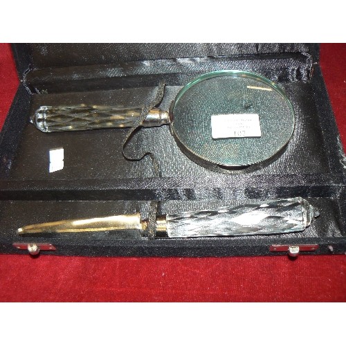 107 - LARGE MAGNIFY GLASS AND LETTER OPENER SET. WITH MULTI-FACETED GLASS HANDLES. IN VELVET PADDED BOX.