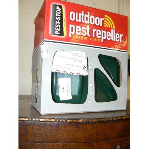 116 - ULTRASONIC PEST REPELLER, OUTDOOR. WITH BOX & INSTRUCTIONS.