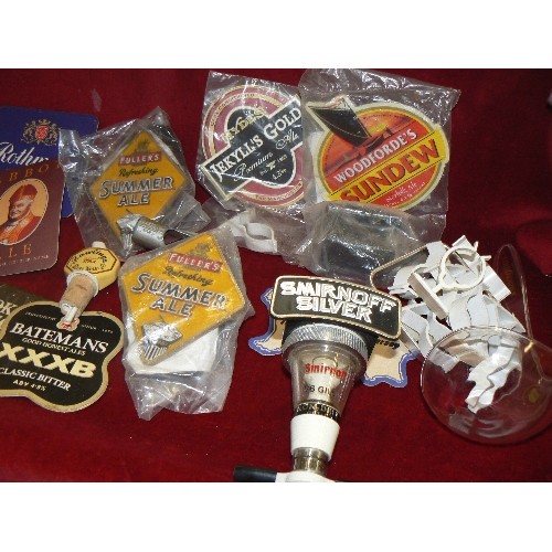 117 - BEER MATS AND BAR PUMP TABS. ALSO COURVOISIER LADLE ETC.