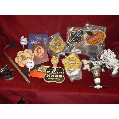 117 - BEER MATS AND BAR PUMP TABS. ALSO COURVOISIER LADLE ETC.