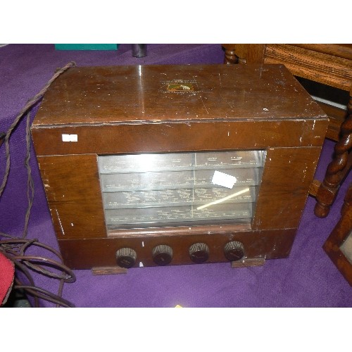 143 - VINTAGE HIS MASTERS VOICE VALVE RADIO, WOODEN CASE WITH BAKELITE TUNER KNOBS ETC.