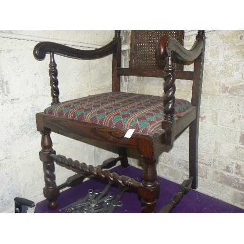 159 - 1920'S JACOBEAN STYLE OAK ARMCHAIR, WITH BARLEY TWIST TURNING, AND CANEWORK BACK PANEL.