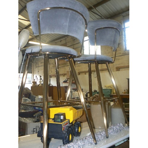 224 - PAIR OF GREY VELVET BAR STOOLS, WITH BRASS LEGS & FRAME. DUNELM.